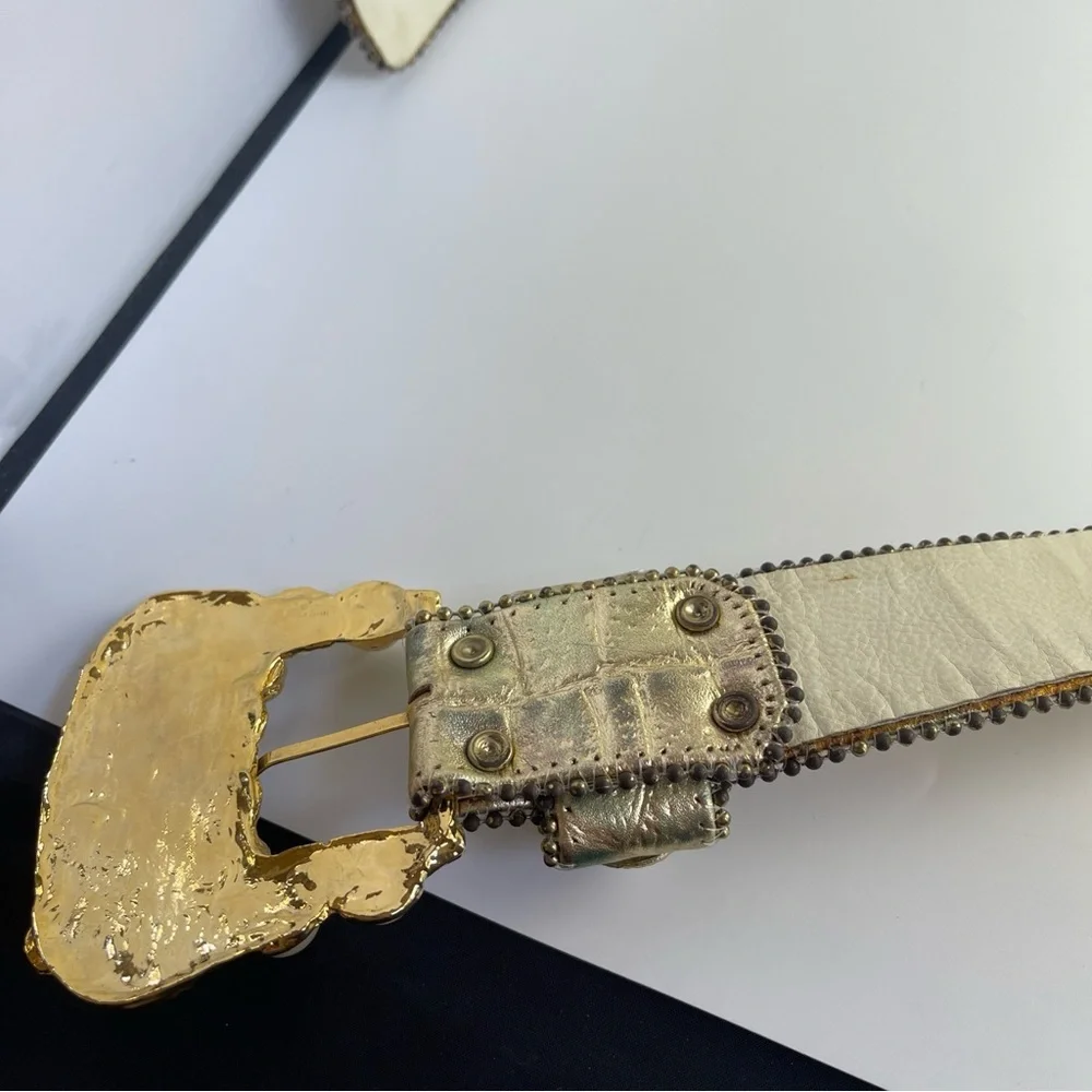 Leatherock Vintage Jeweled Gold Leather Rhinestone Belt Size S - Picture 10 of 16